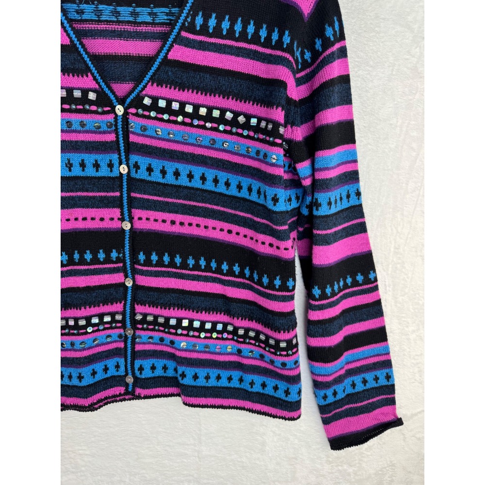 St Johns Bay Vintage Cardigan Sweater XL Pink Blue Sequin Beaded Lambswool Blend - Picture 3 of 8